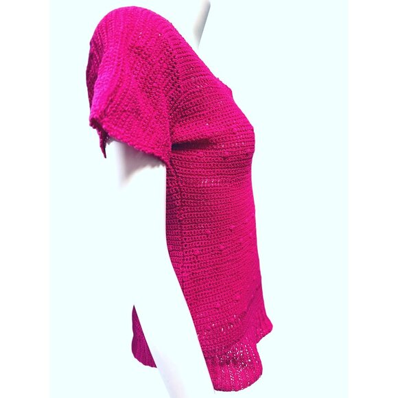 CCC Handmade Fuchsia Pink Crochet Knit Short Sleeve Sweater Size Medium - Picture 4 of 5